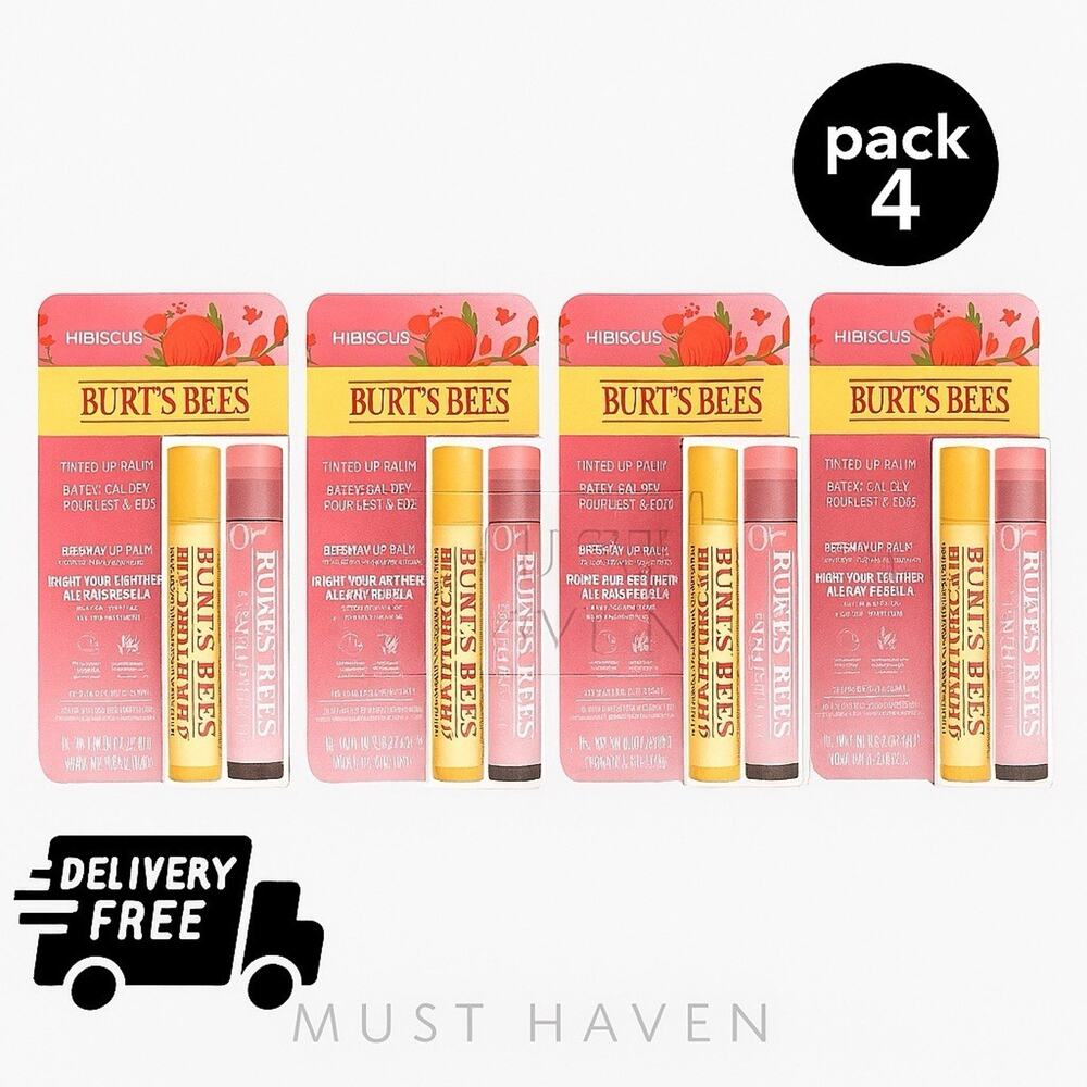 Pack 4 - Burt's Bees Bee Mine 3pc Mini Lip Balm 1.38g Valentines HIBISCUS